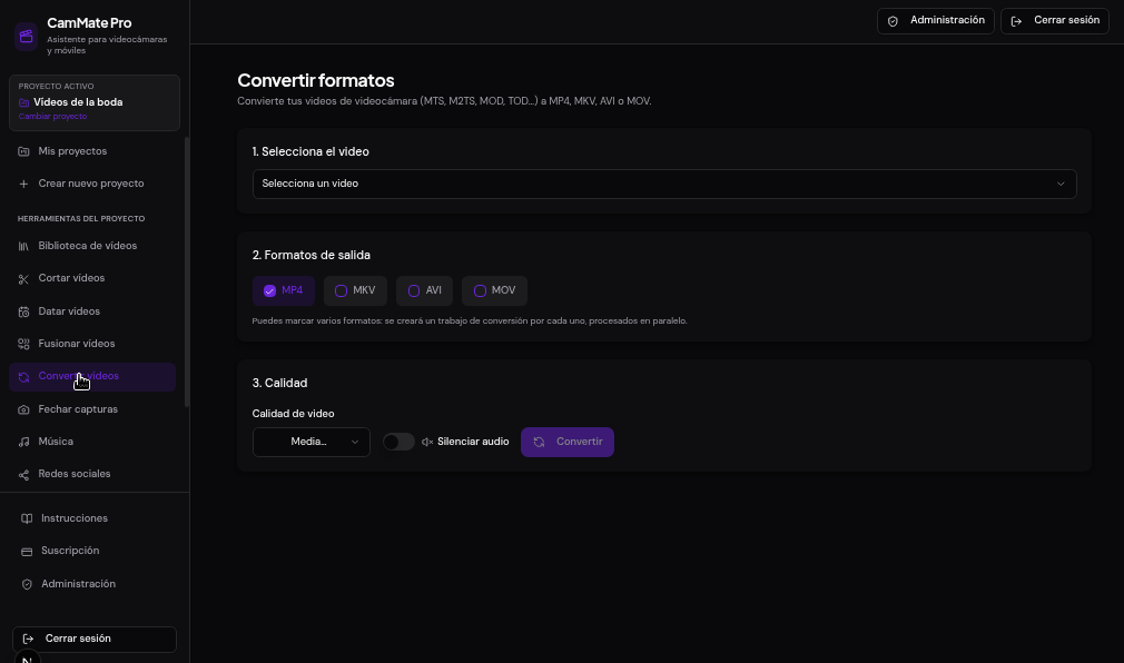 Pantalla de conversión con los formatos de salida MP4, MKV, AVI y MOV