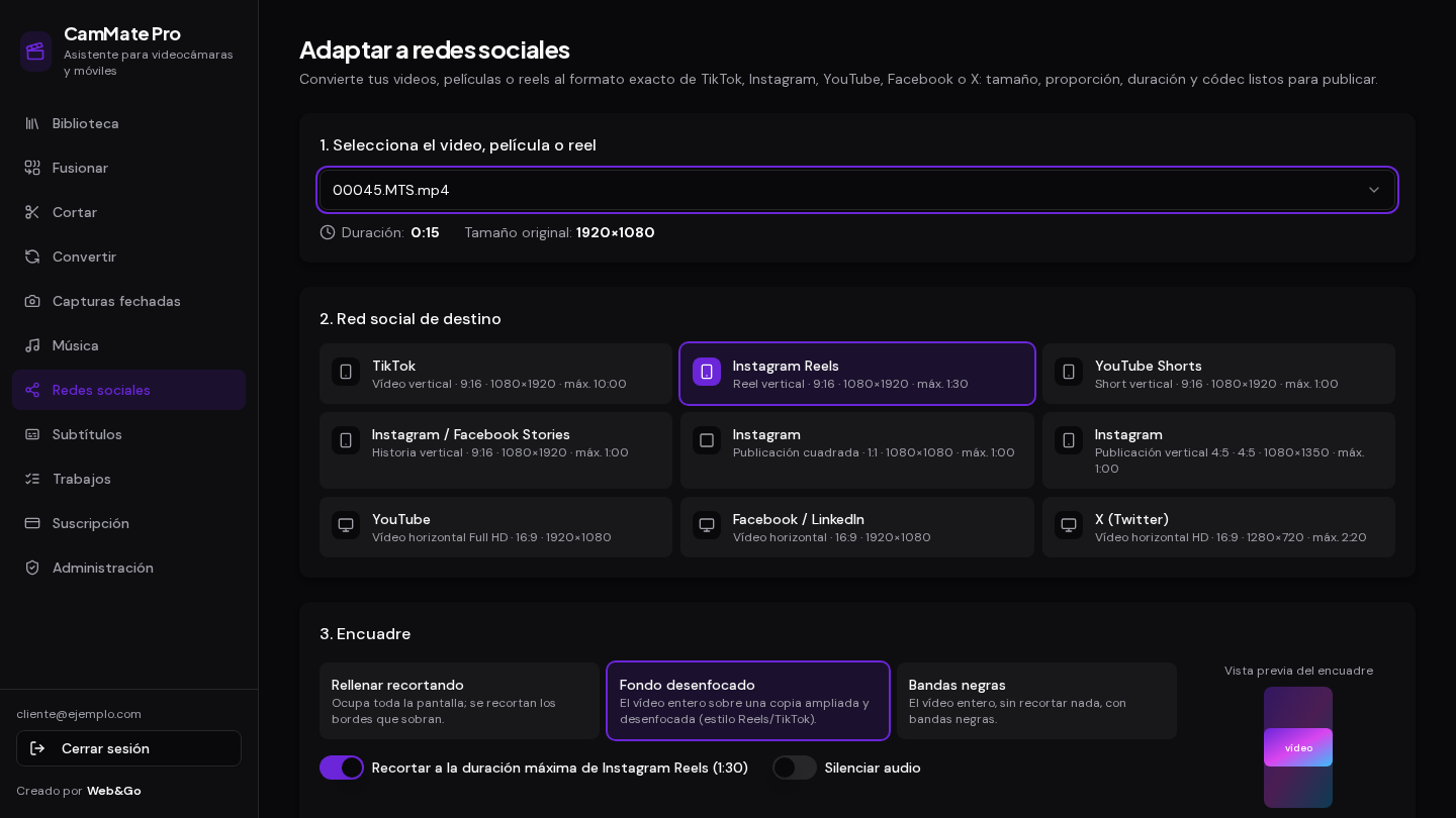 Adaptar a redes sociales — CamMate Pro