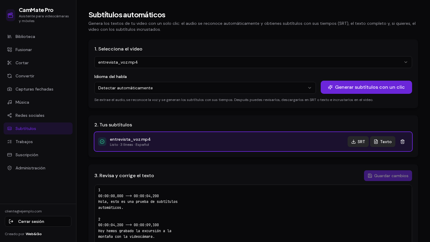 Subtítulos automáticos — CamMate Pro